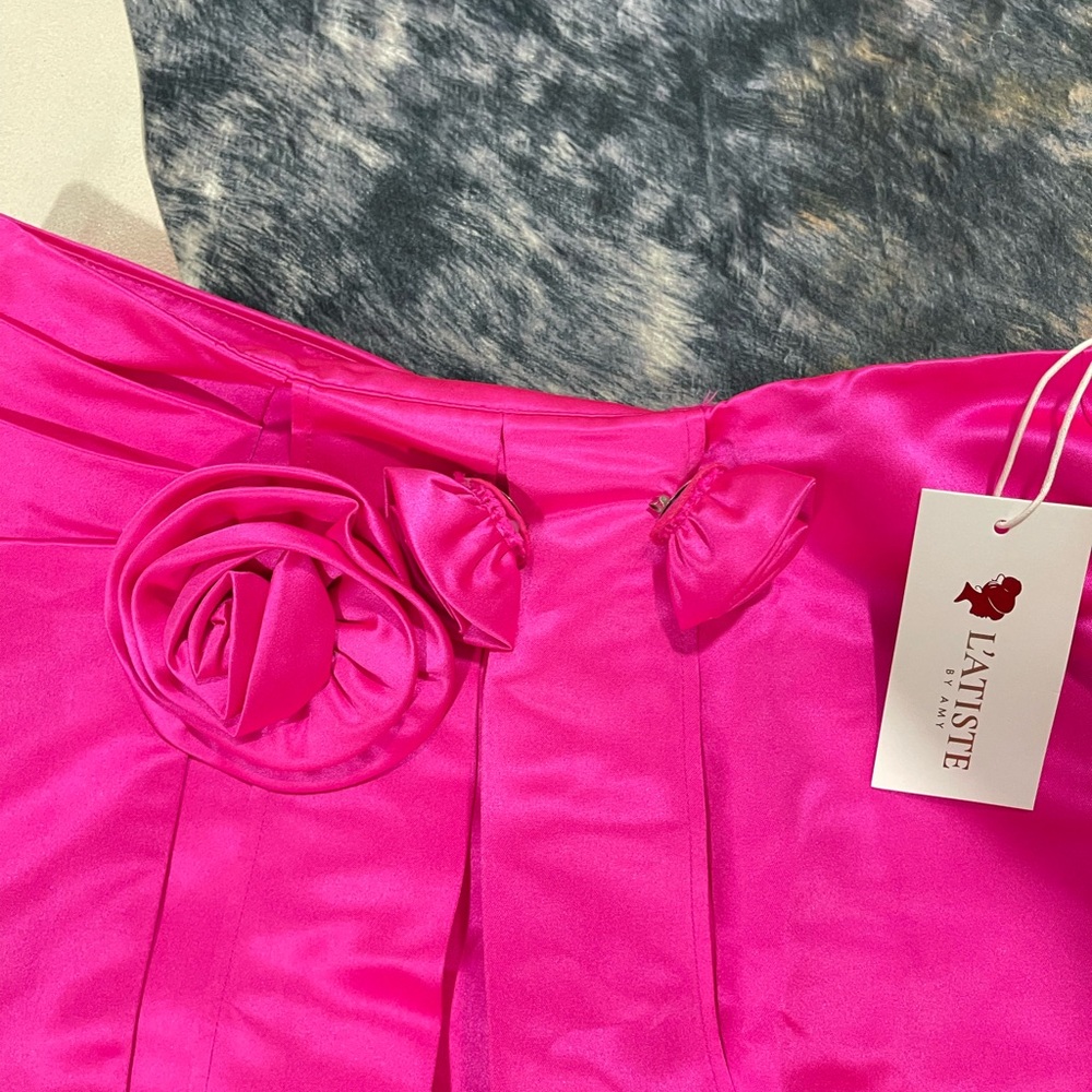 L'ATISTE Fuchsia Satin Skirt with Rosette Accent